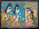 Mithila painting showing Shabari offering fruits to Lord Rama and Lakshmana. thumbnail