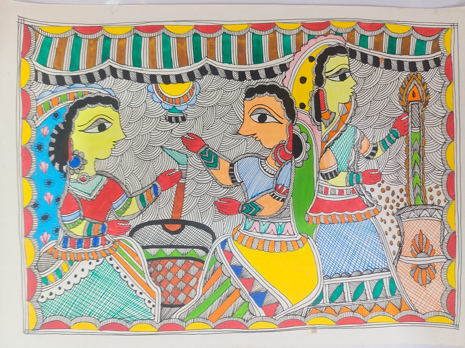 Three women in traditional attire preparing or serving food