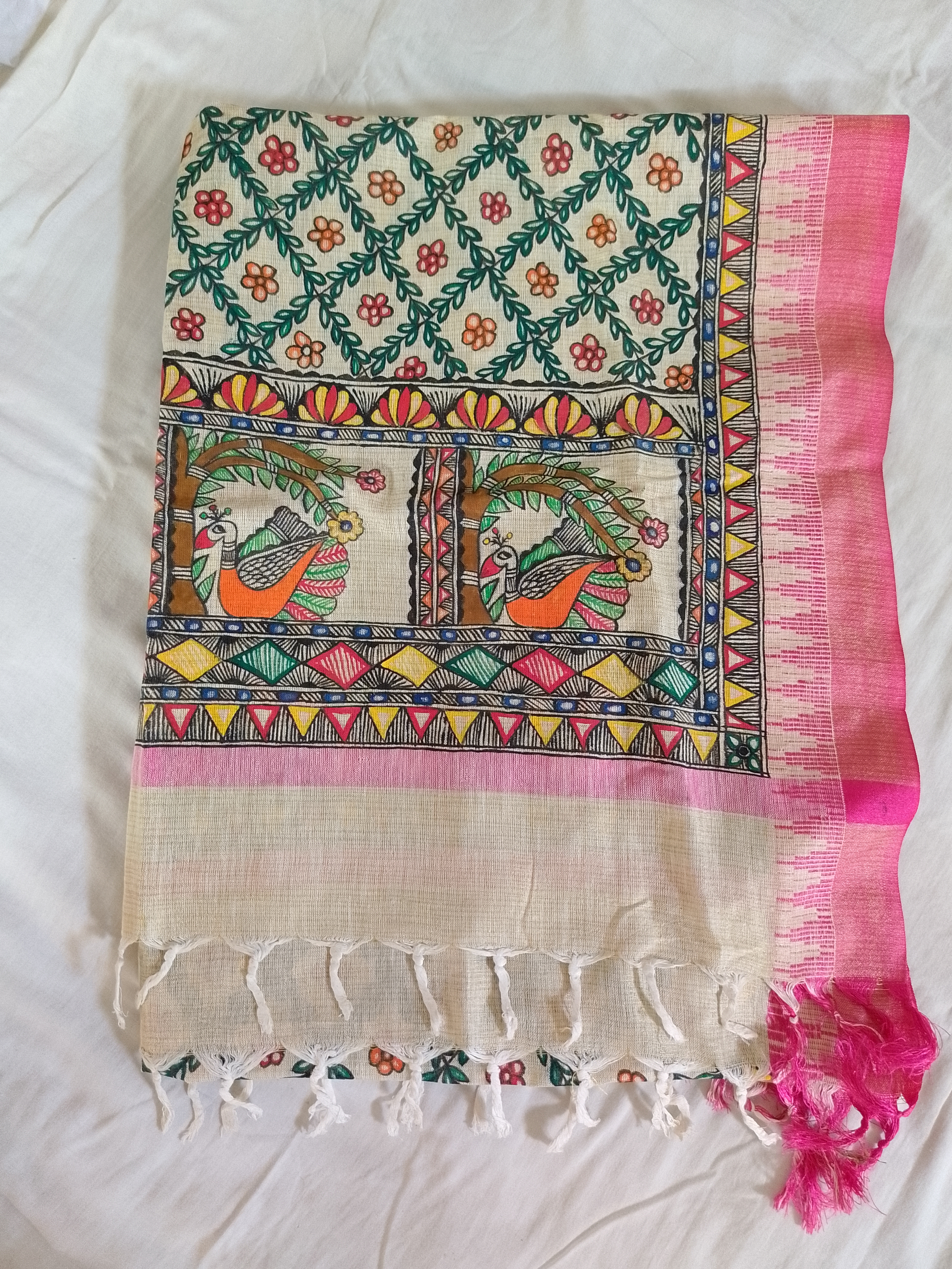 Full hand work beautiful Mithila panting shawl