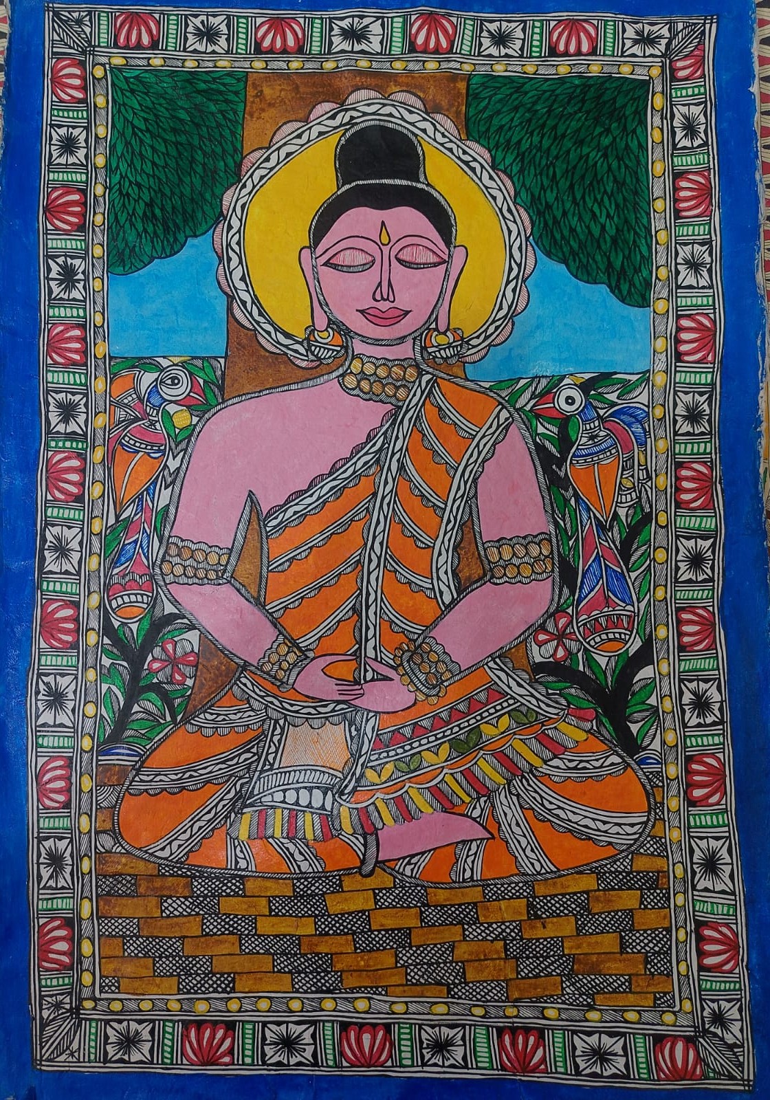 Mithila painting of a meditating Buddha figure