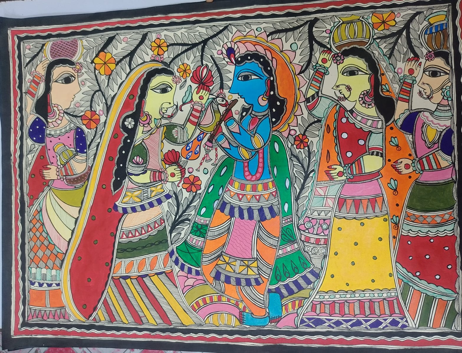 Krishna playing the flute surrounded by gopis thumb 2