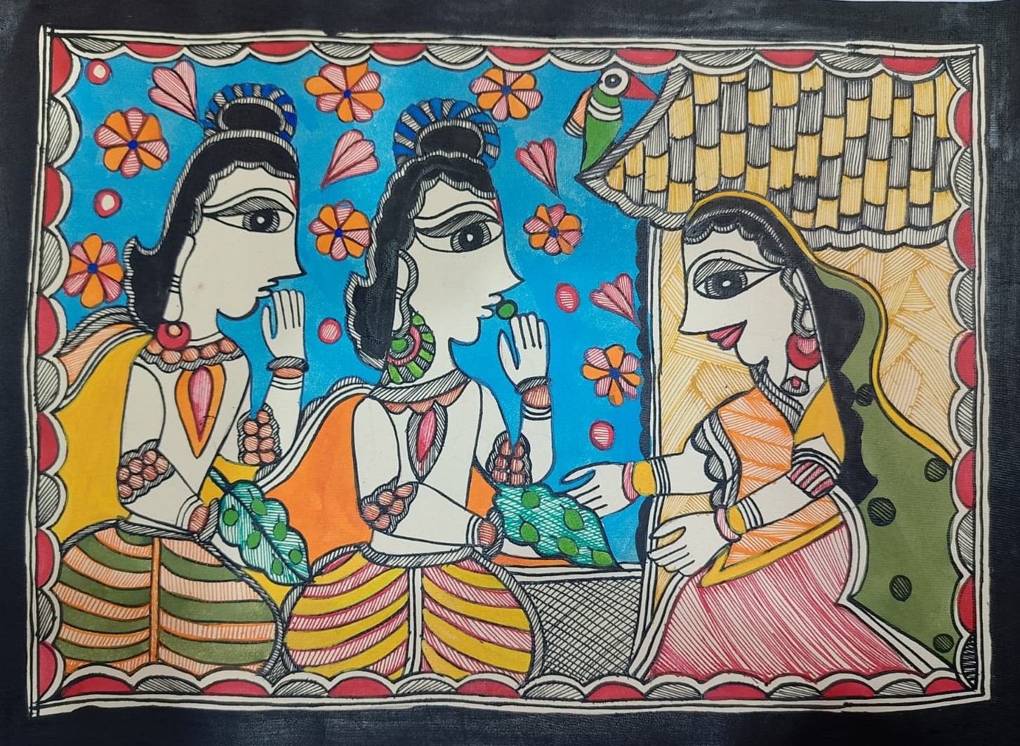 Mithila painting showing Shabari offering fruits to Lord Rama and Lakshmana. thumb 1