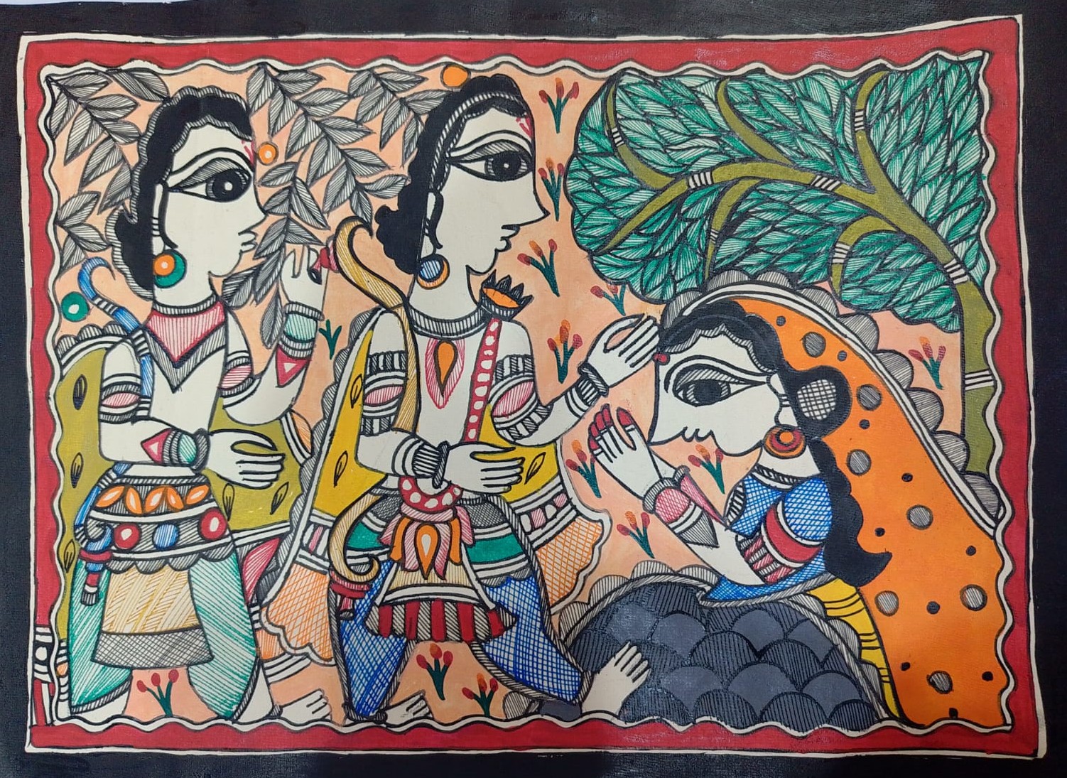 Mithila (Madhubani) painting showing Ahalya with Lord Ram and Lakshman.यो चित्रमा अहिल्या लाई राम र लक्ष्मणसँग देखाइएको छ। thumb 1