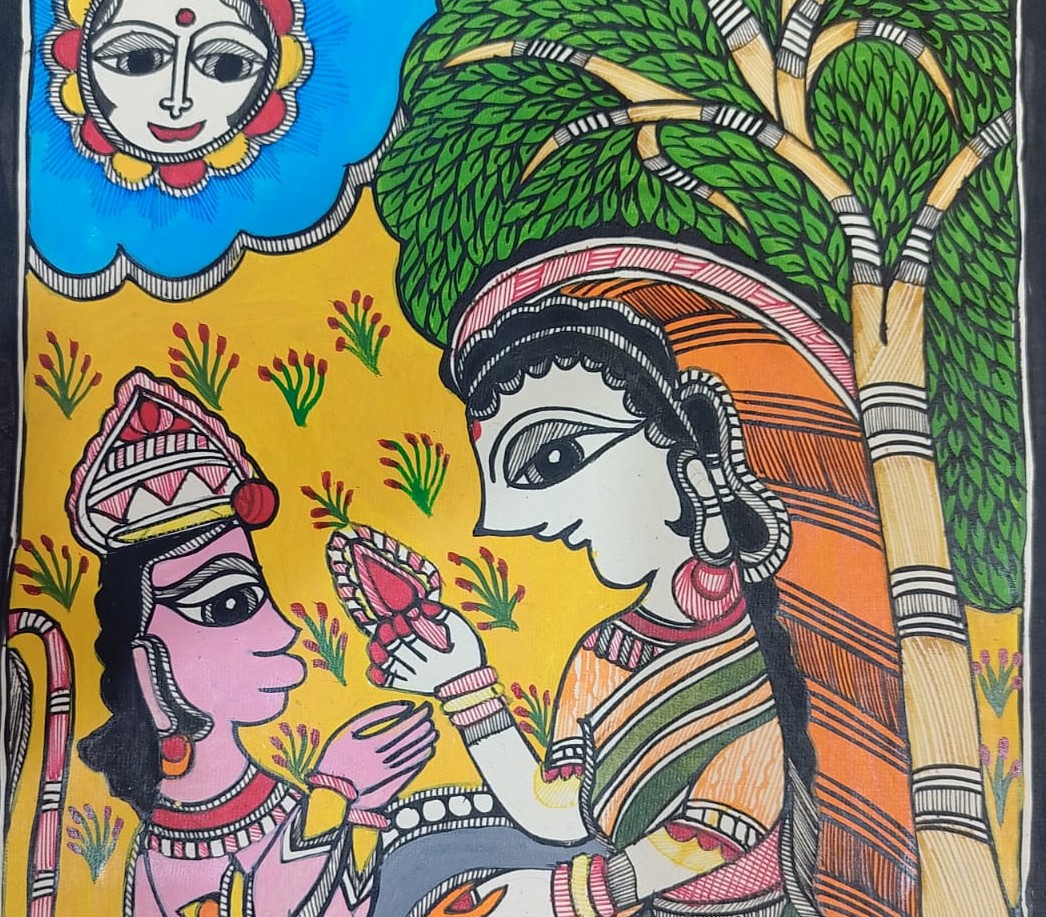 This is Mithila painting depicting the Ashok Vatika scene from the Ramayana.यो चित्र मिथिला चित्रकला हो जसले रामायणको अशोक वाटिका दृश्यलाई चित्रण गरेको छ। thumb 1